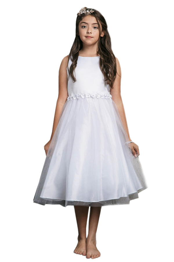 Petite Adele Big Girls White Flower Waistline Satin Communion Dress 8-20 - SophiasStyle.com